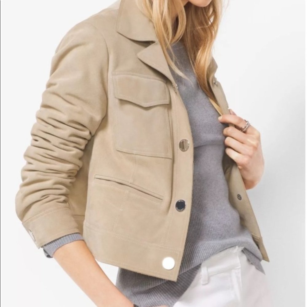MICHAEL MICHAEL KORS Suede  Leather Crop Jacket Khaki color Size M